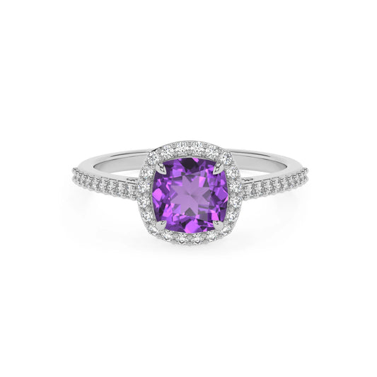 lab grown amethyst cushion solitaire rings in platinum 
