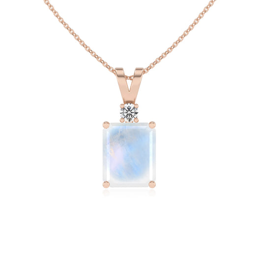 natural rainbow-moonstone emerald cut solitaire v-bale necklaces in rose gold 