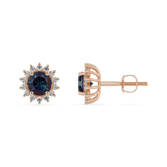 lab grown alexandrite round stud earrings in rose gold 