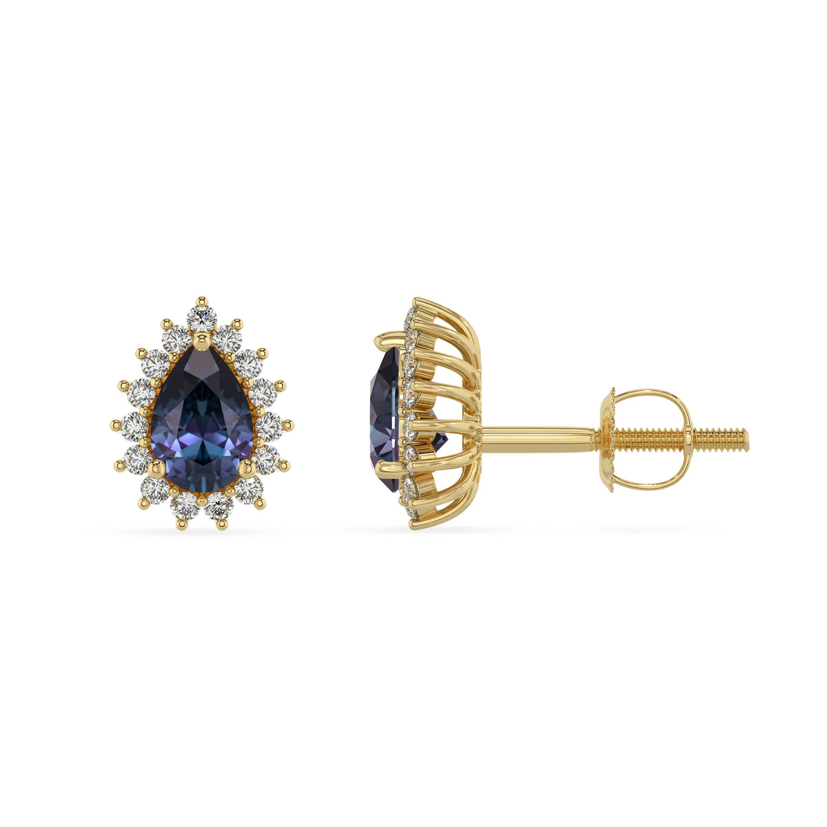 lab grown alexandrite pear stud earrings in yellow gold 