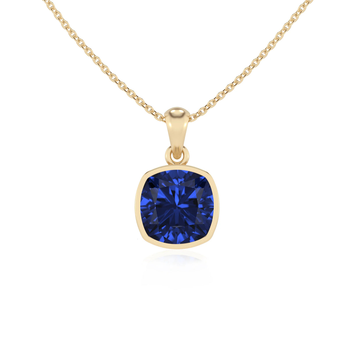 lab grown blue-sapphire cushion solitaire necklaces in yellow gold 