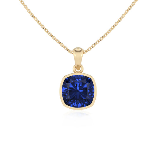 lab grown blue-sapphire cushion solitaire necklaces in yellow gold 