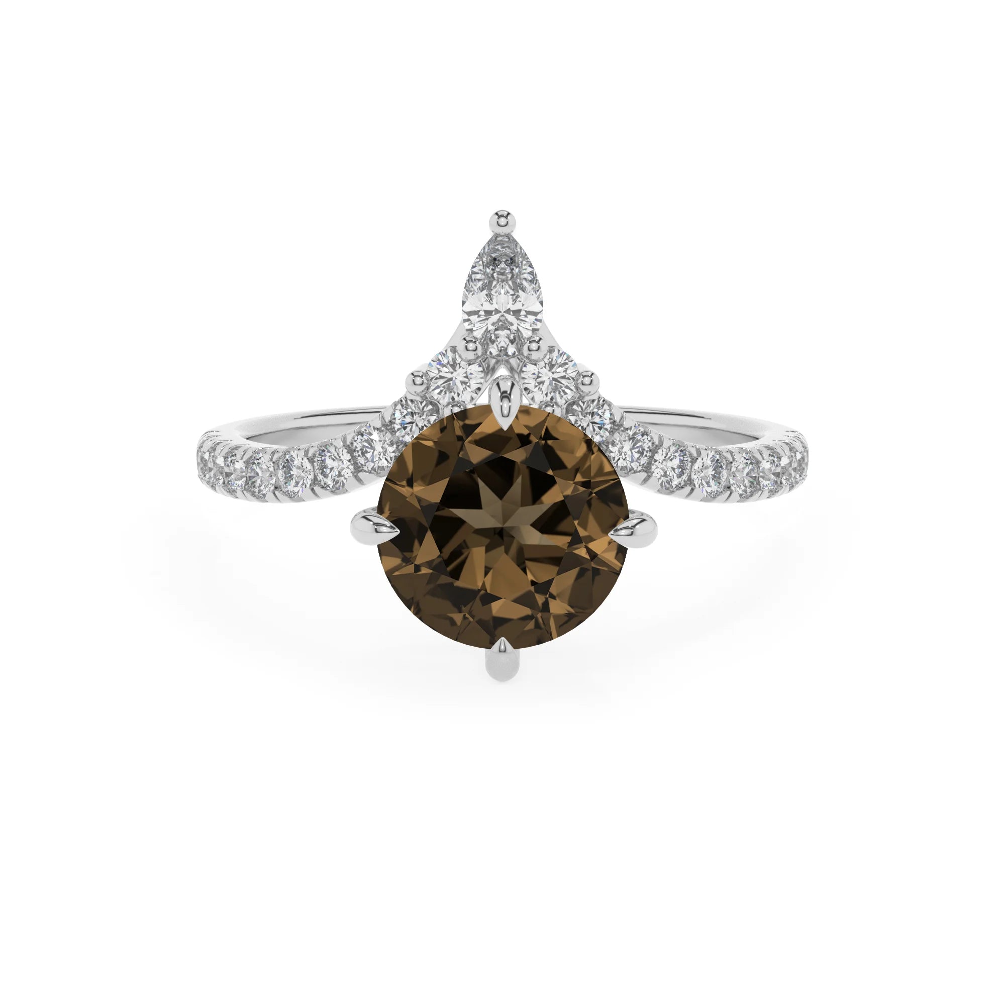 natural smoky-quartz round solitaire rings in platinum 