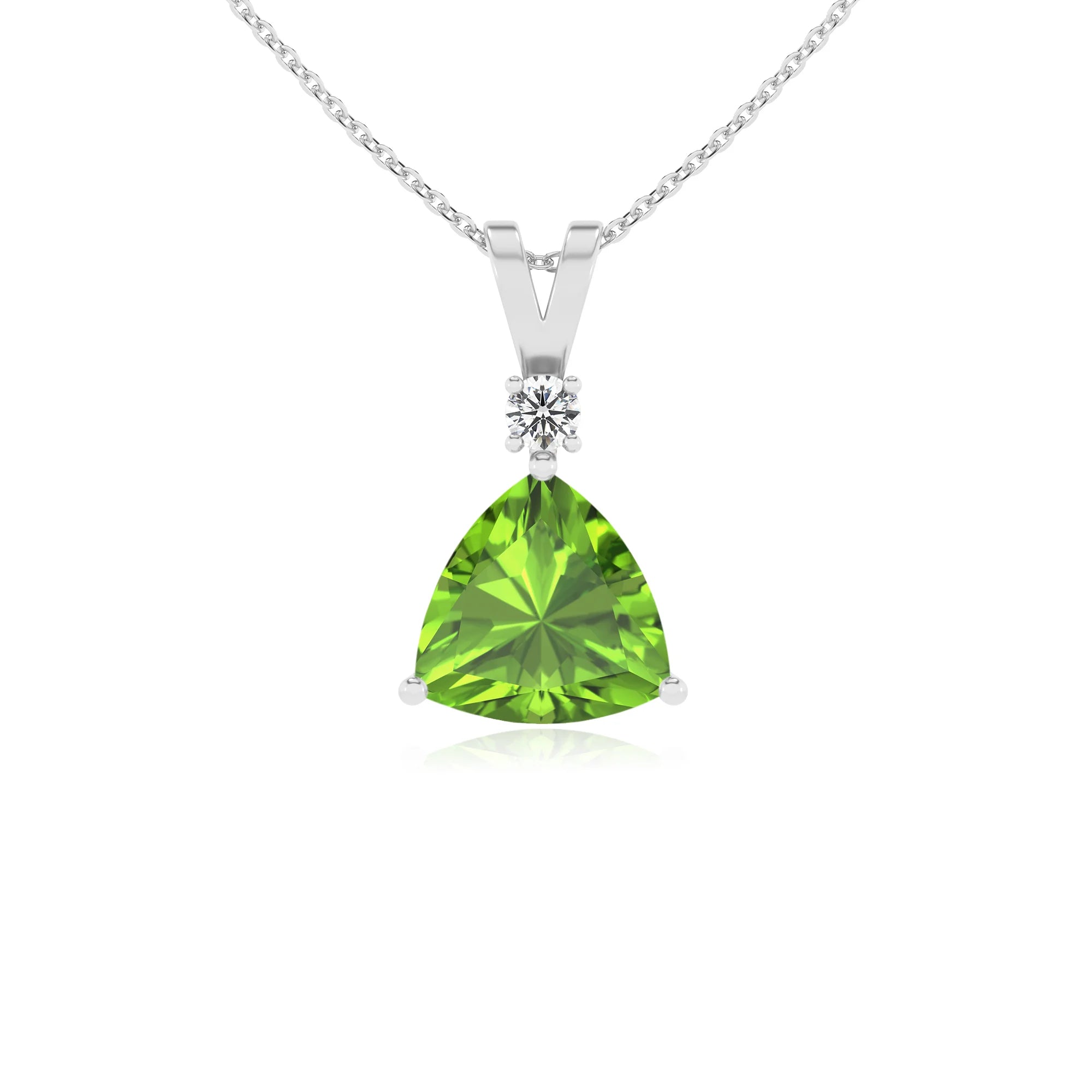 natural peridot trillion solitaire v-bale necklaces in platinum 