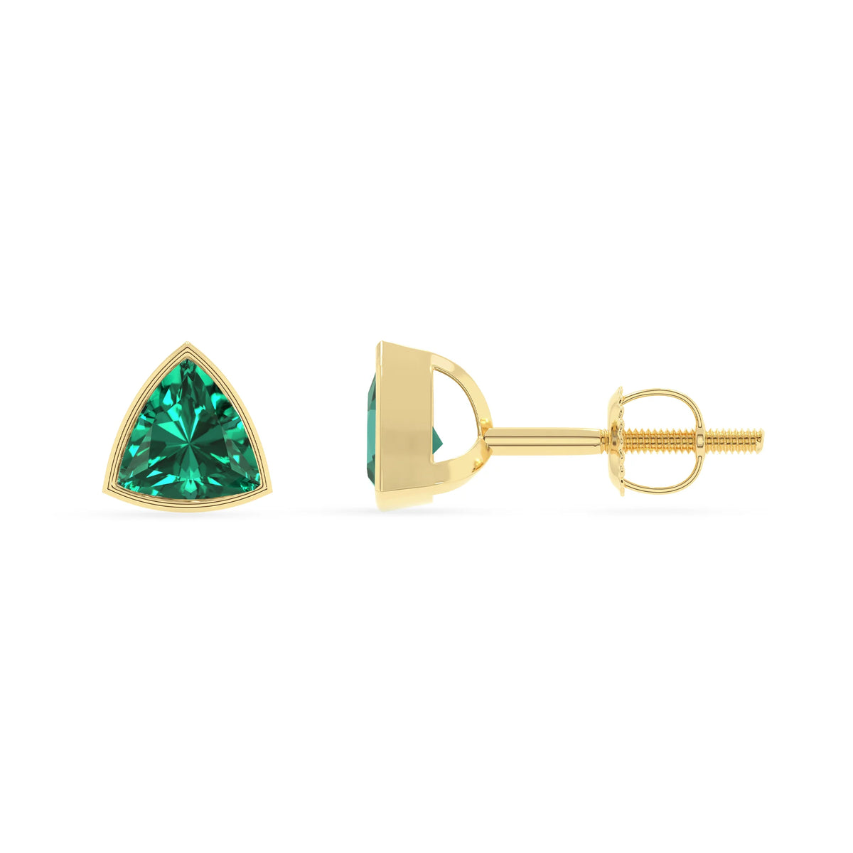 lab grown emerald trillion stud earrings in yellow gold 