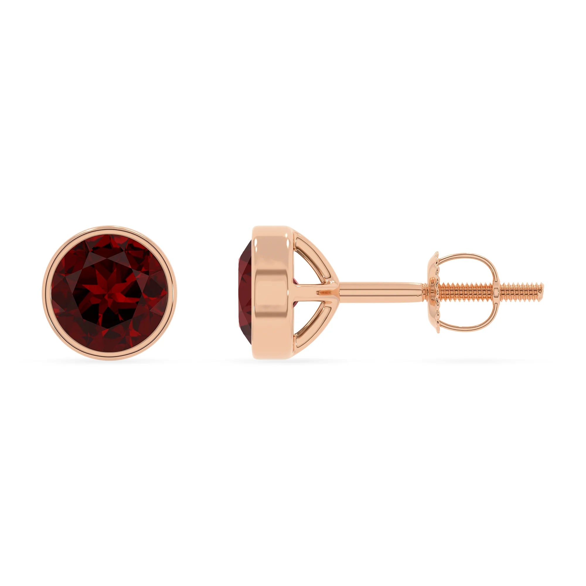 natural garnet round stud earrings in rose gold 