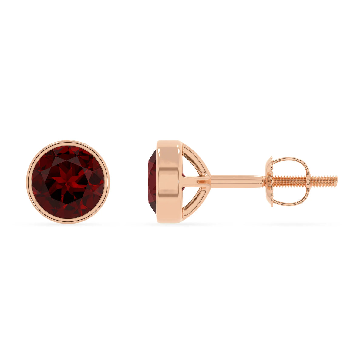 natural garnet round stud earrings in rose gold 