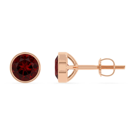 natural garnet round stud earrings in rose gold 