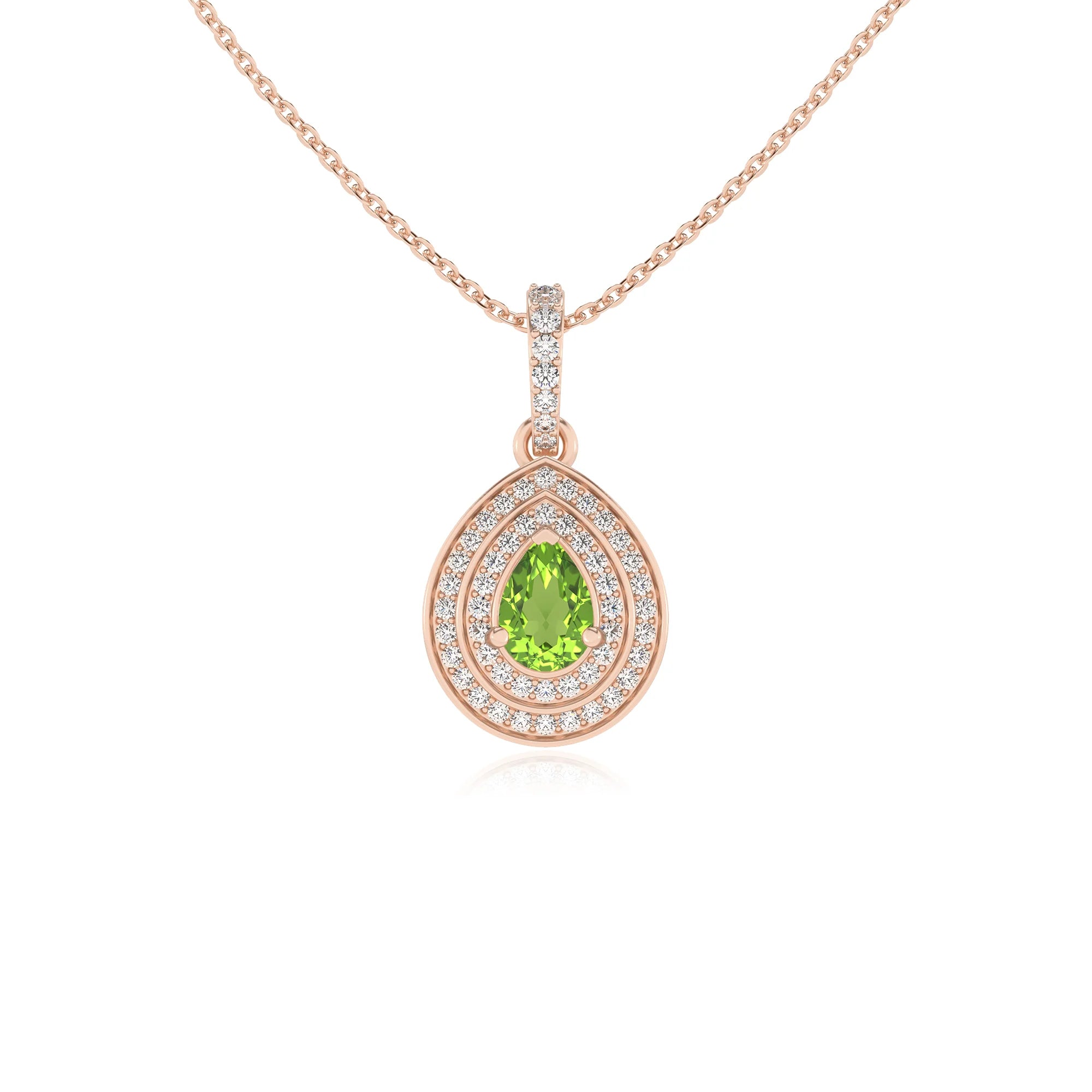 natural peridot pear halo necklaces in rose gold 