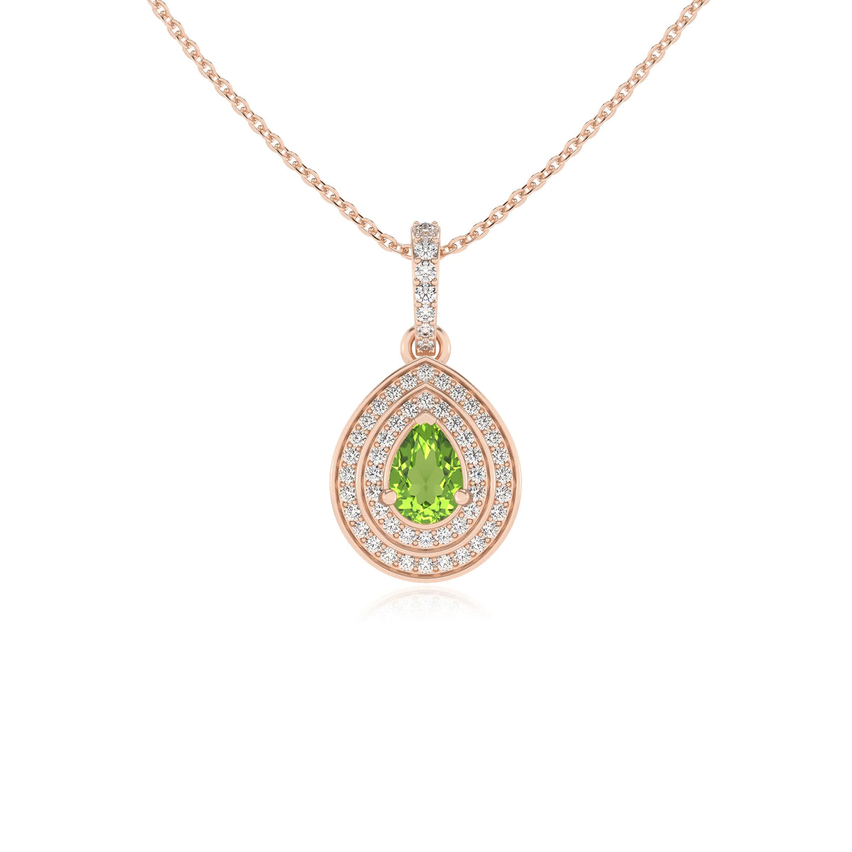 natural peridot pear halo necklaces in rose gold 