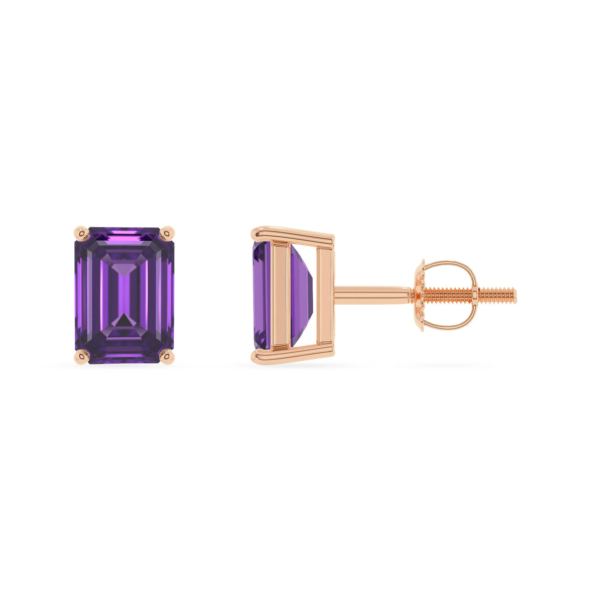 lab grown amethyst emerald cut stud earrings in rose gold 