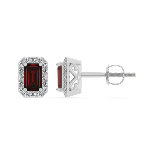natural garnet emerald cut stud earrings in white gold 