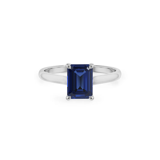 lab grown blue-sapphire emerald cut solitaire rings in white gold 