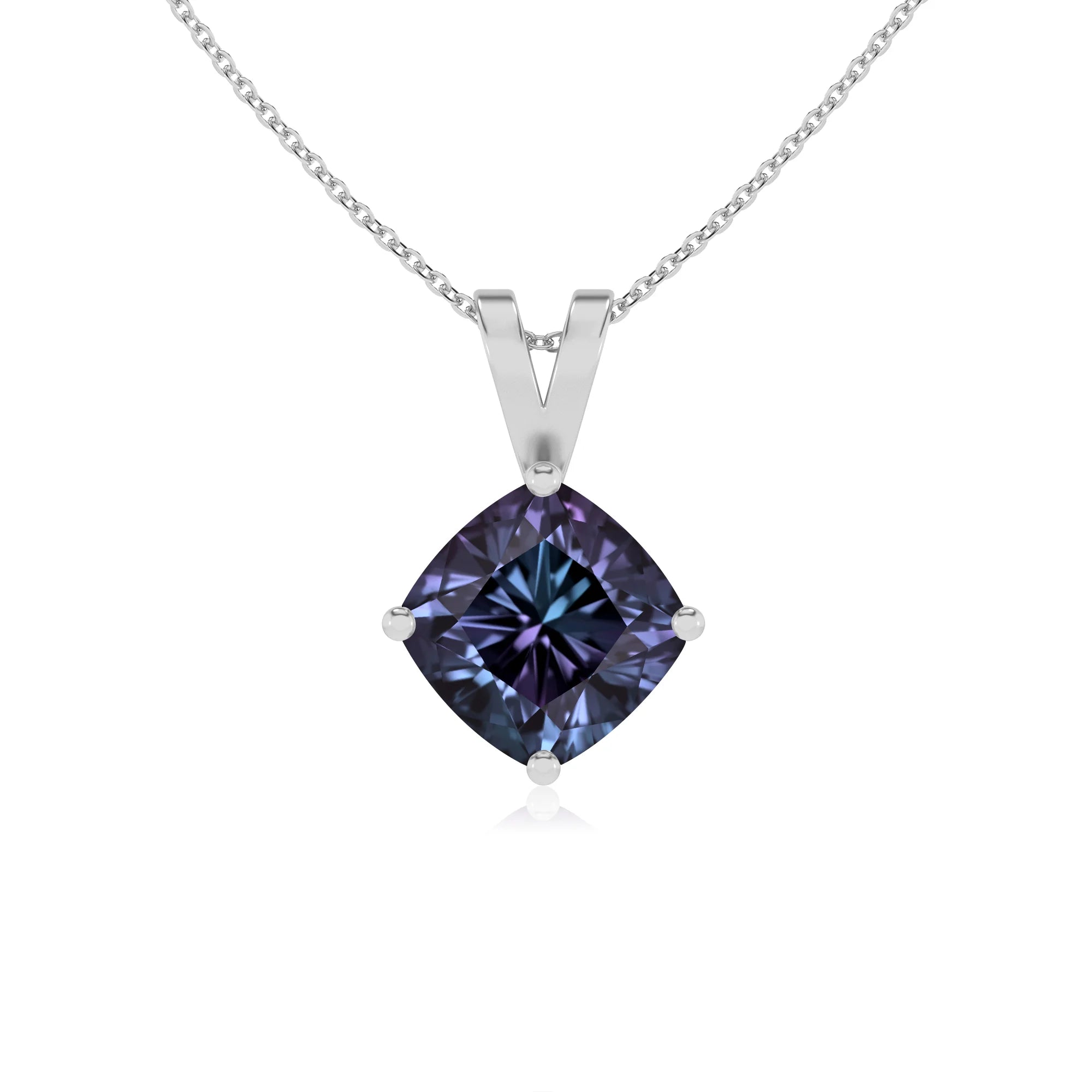 lab grown alexandrite cushion solitaire v-bale necklaces in white gold 