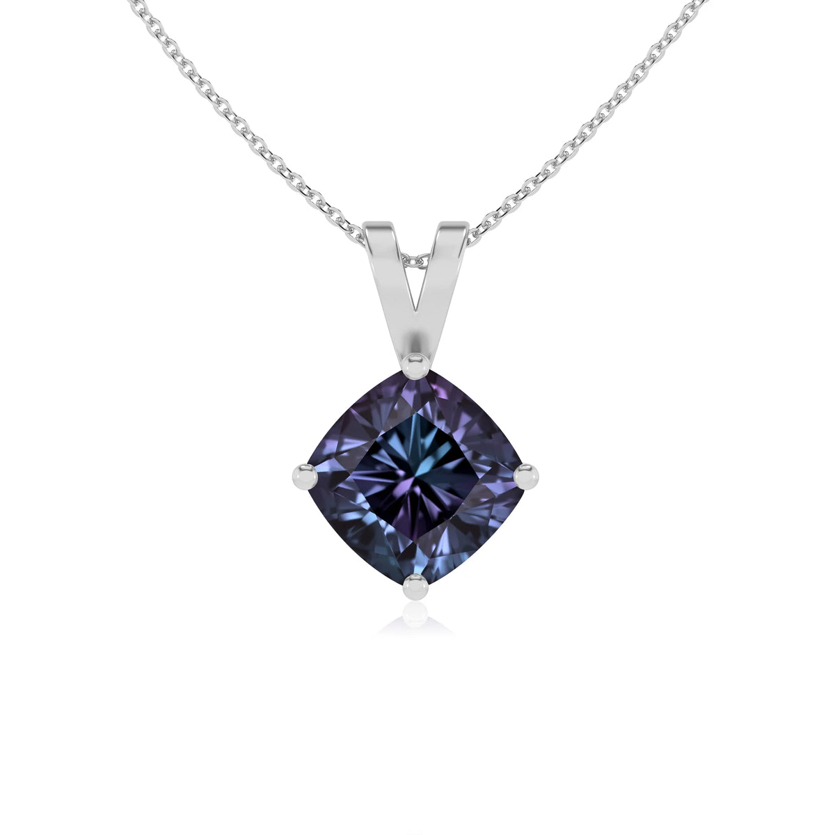 lab grown alexandrite cushion solitaire v-bale necklaces in white gold 