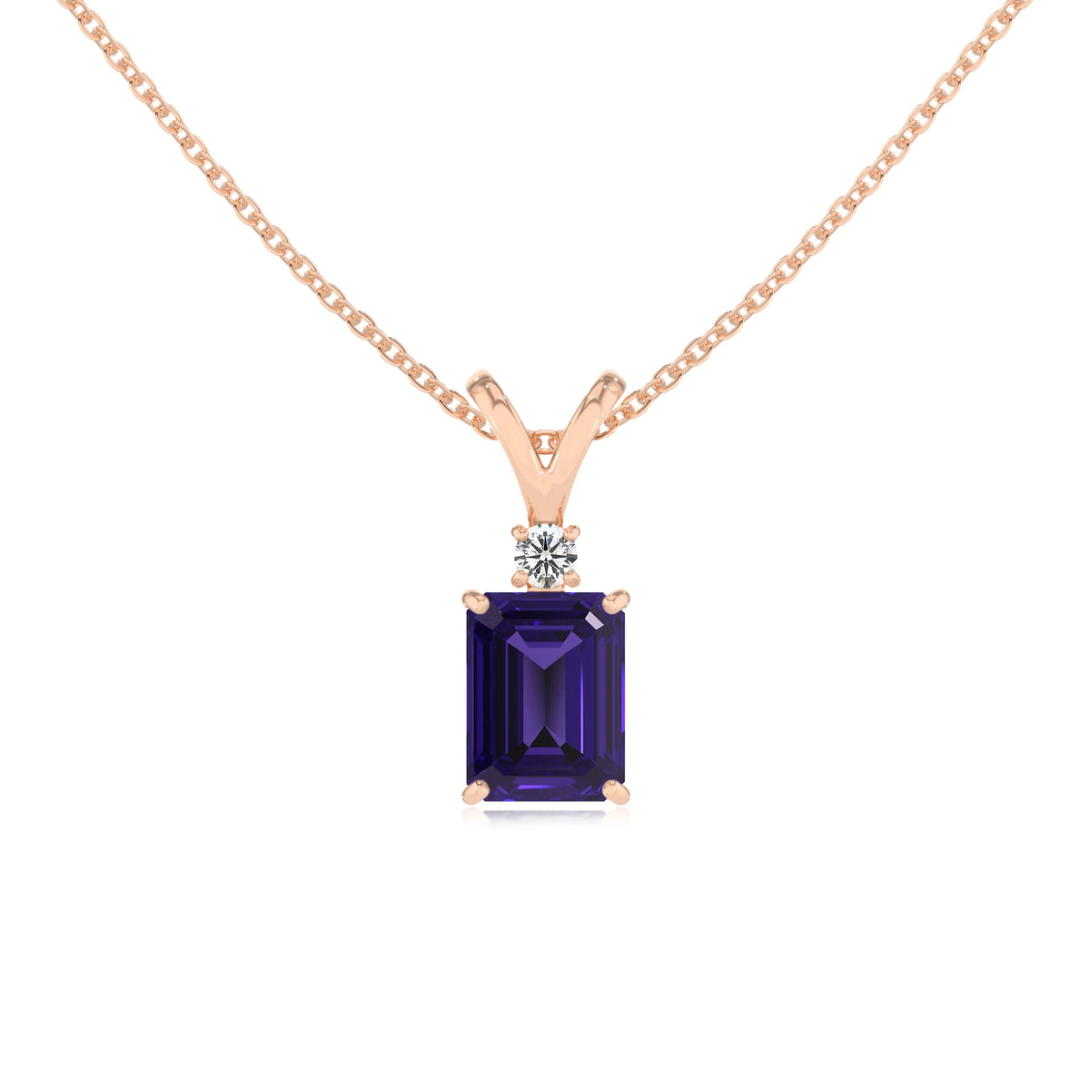 lab grown tanzanite emerald cut solitaire v-bale necklaces in rose gold 