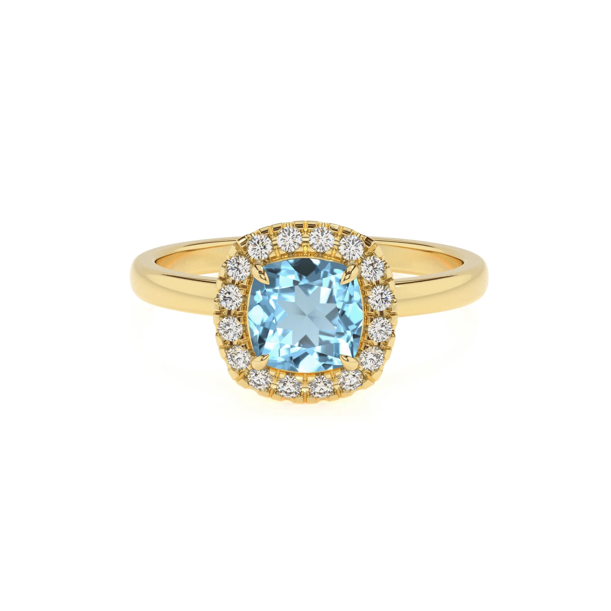 lab grown aquamarine cushion solitaire rings in yellow gold 