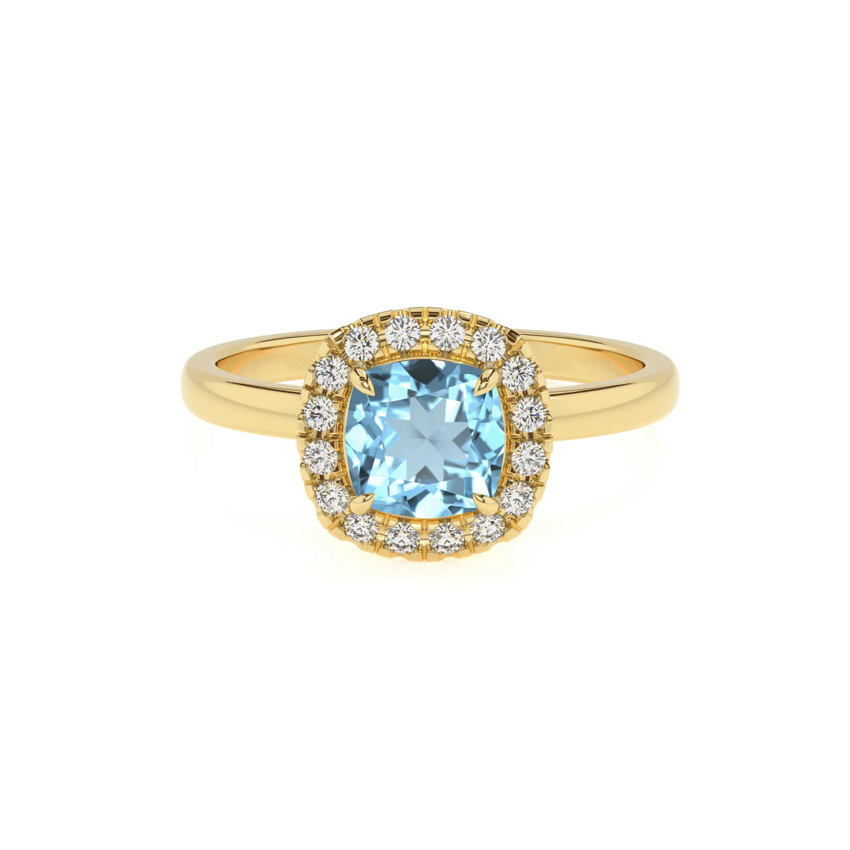 lab grown aquamarine cushion solitaire rings in yellow gold 