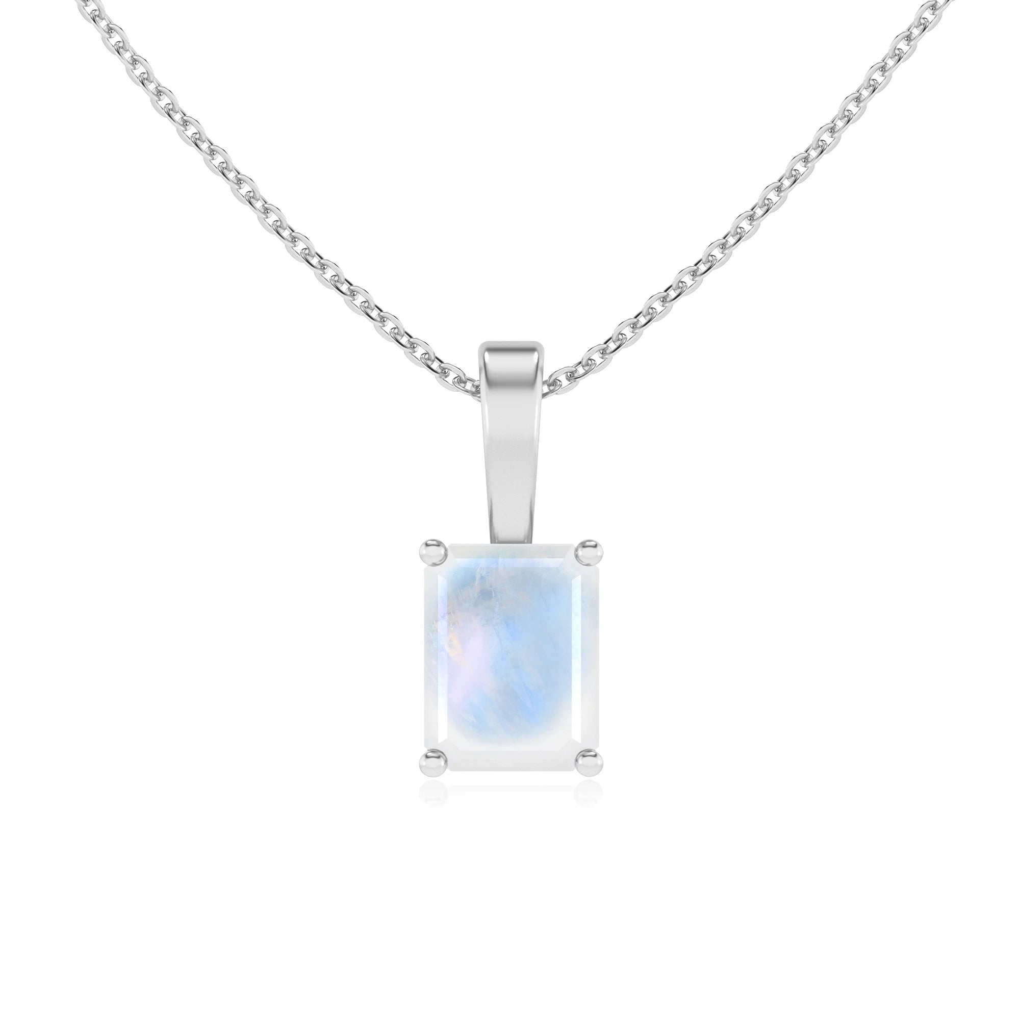natural rainbow-moonstone emerald cut solitaire necklaces in sterling silver 