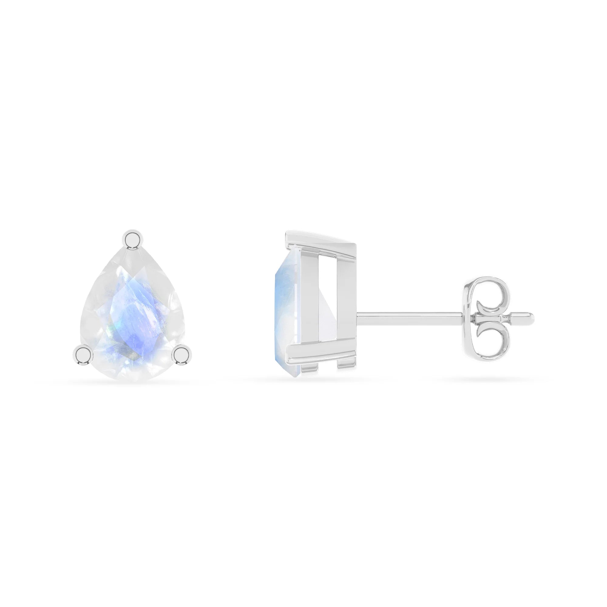 natural rainbow moonstone pear stud earrings in white gold 