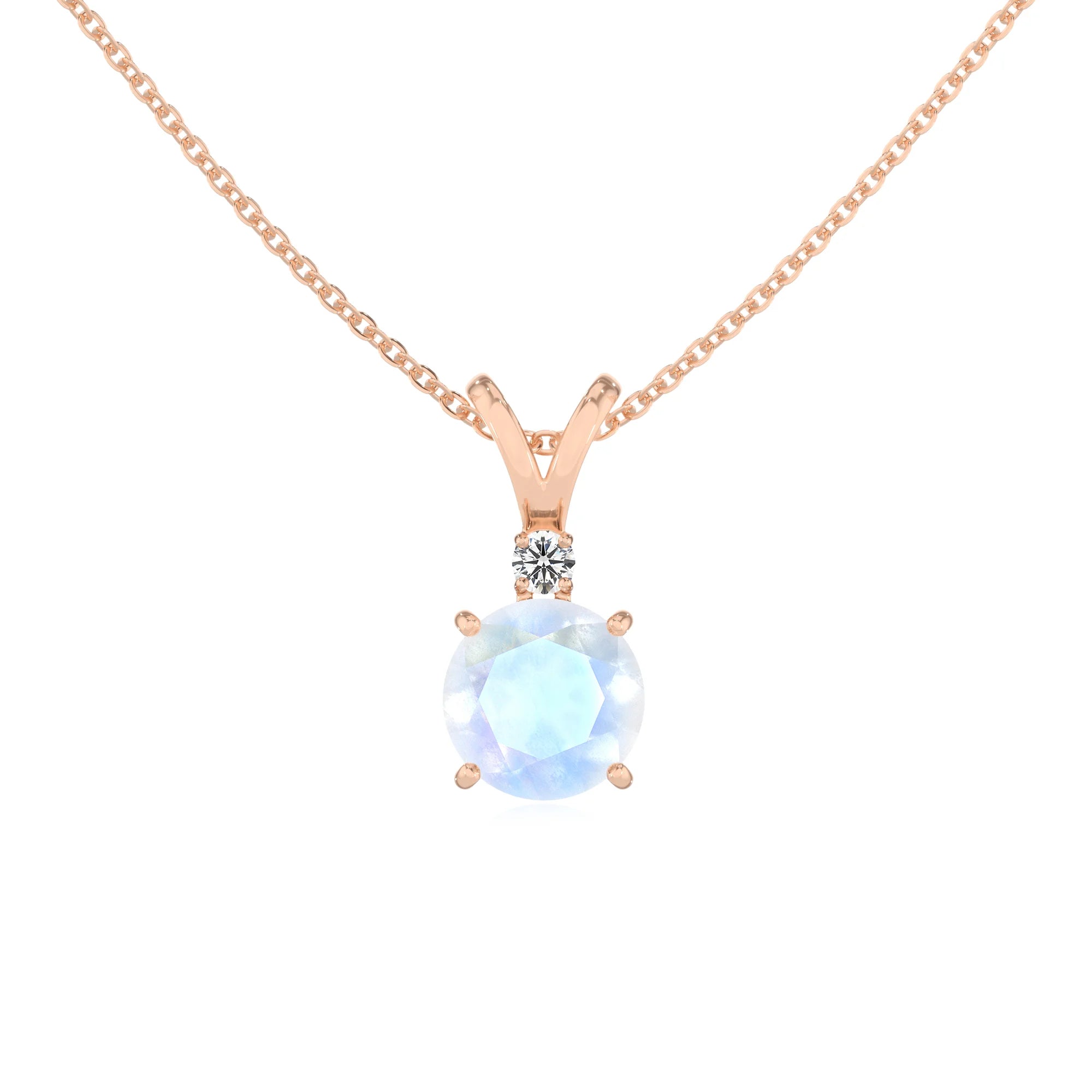natural rainbow-moonstone round solitaire v-bale necklaces in rose gold 