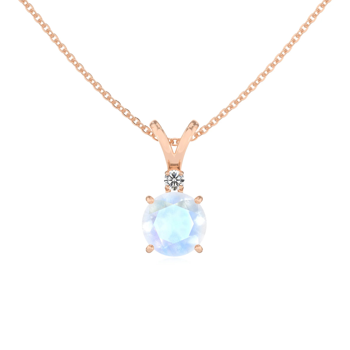 natural rainbow-moonstone round solitaire v-bale necklaces in rose gold 