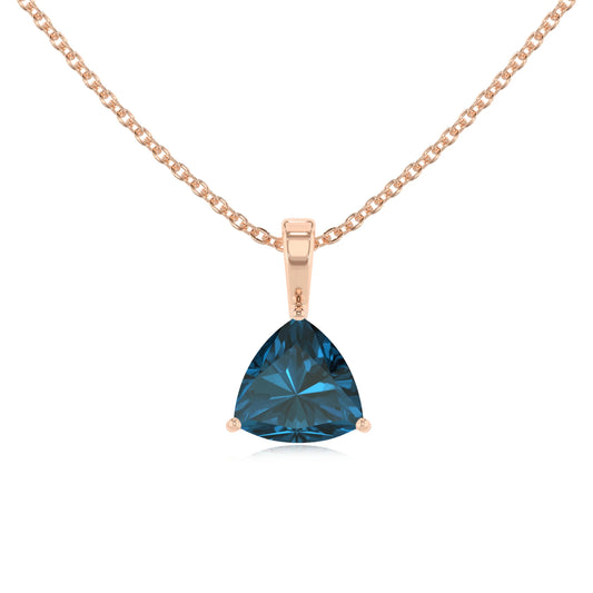 natural london-blue-topaz trillion solitaire necklaces in rose gold 