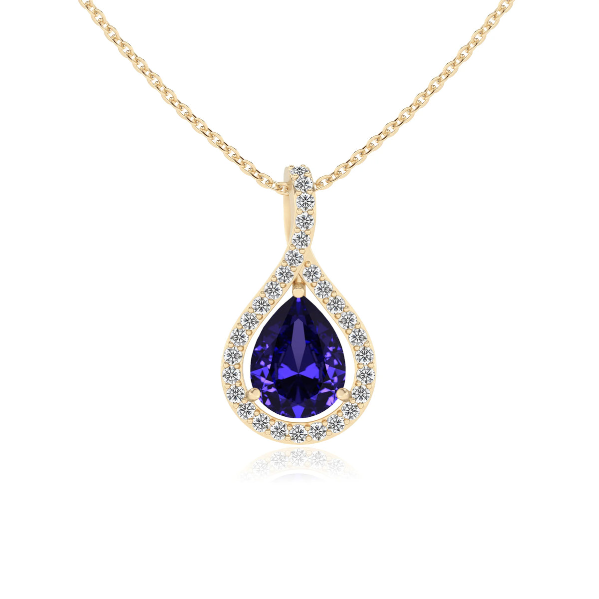 lab grown tanzanite pear solitaire necklaces in yellow gold 