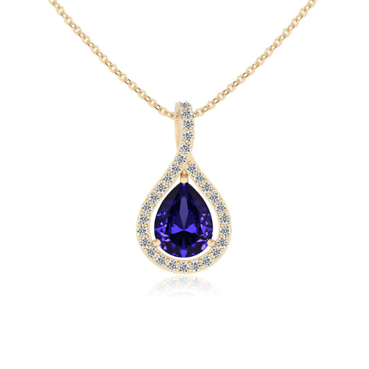 lab grown tanzanite pear solitaire necklaces in yellow gold 
