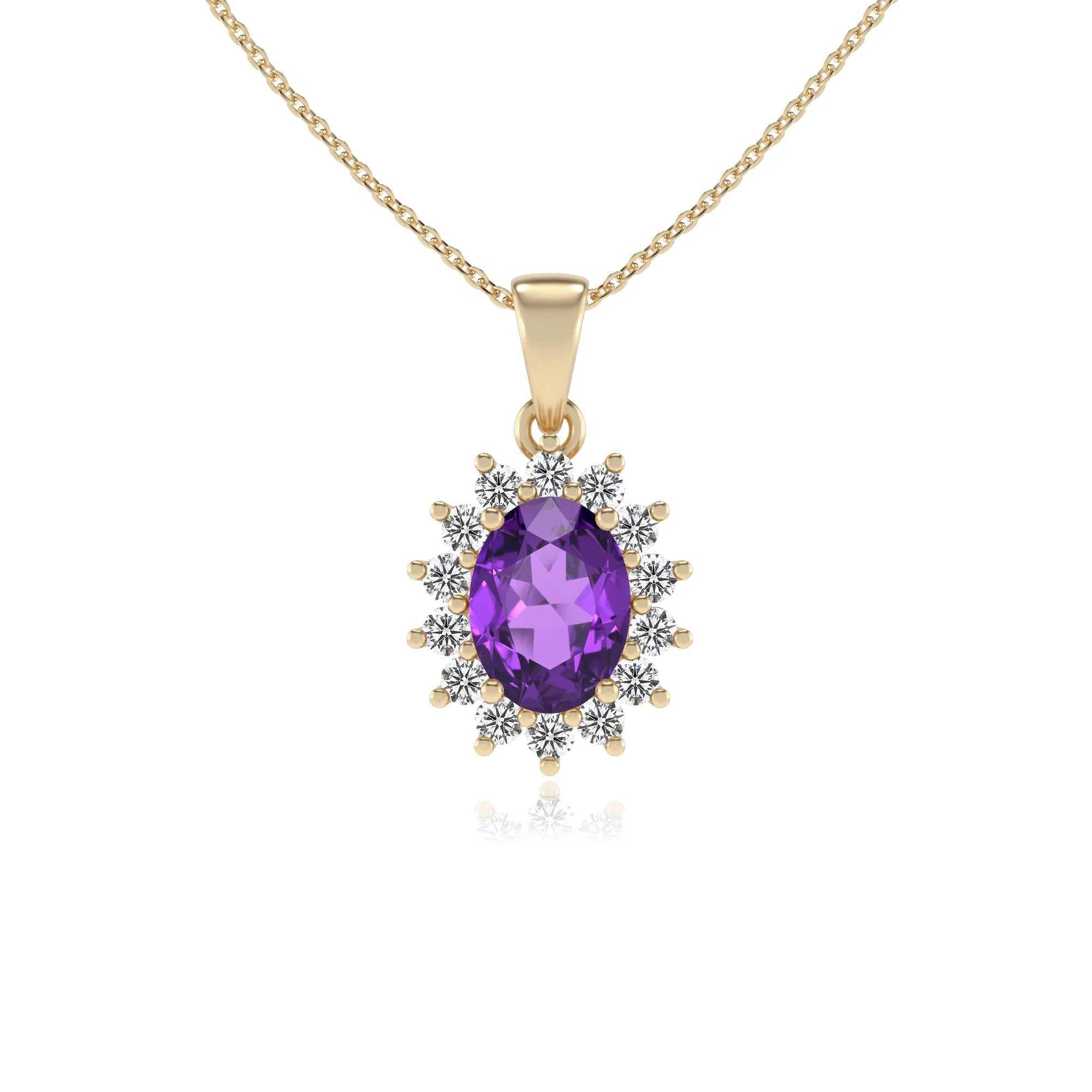 lab grown amethyst oval halo necklaces in yellow gold 
