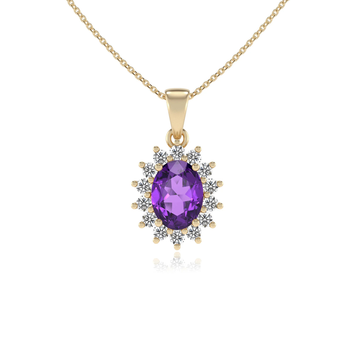 lab grown amethyst oval halo necklaces in yellow gold 