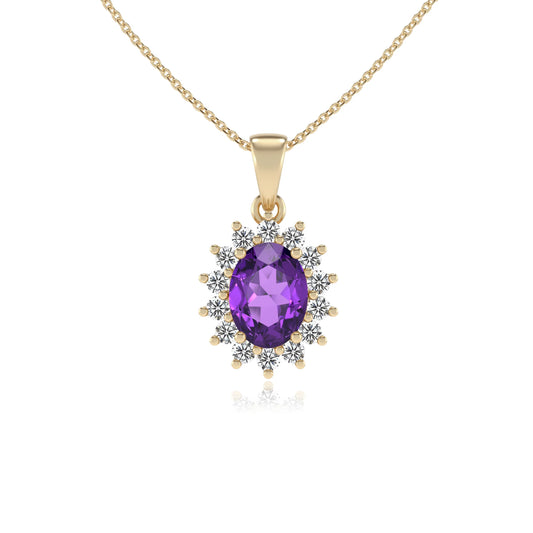 lab grown amethyst oval halo necklaces in yellow gold 
