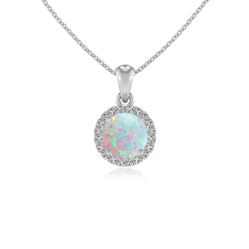 Lab Grown Opal Round Solitaire Halo Pendant Necklace with Diamond Accents (18" Chain)
