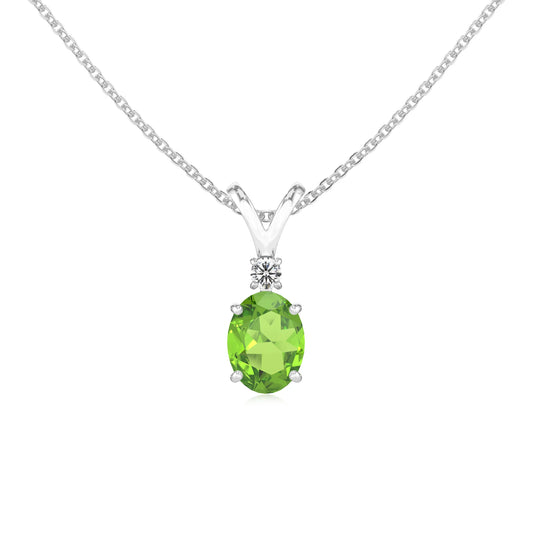 natural peridot oval solitaire v-bale necklaces in white gold 