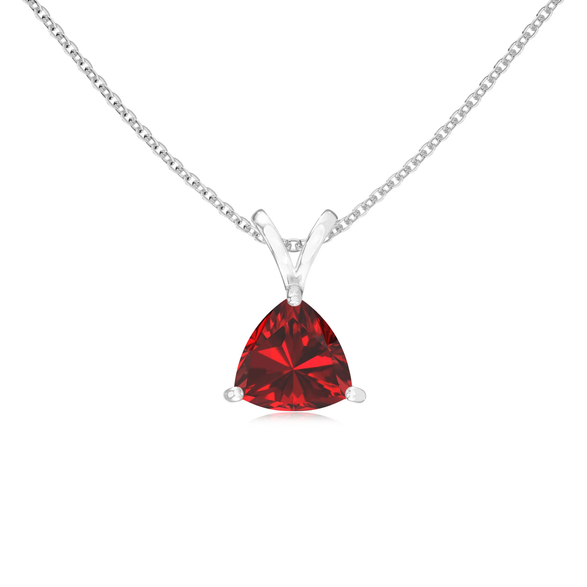 lab grown ruby trillion solitaire v-bale necklaces in platinum 