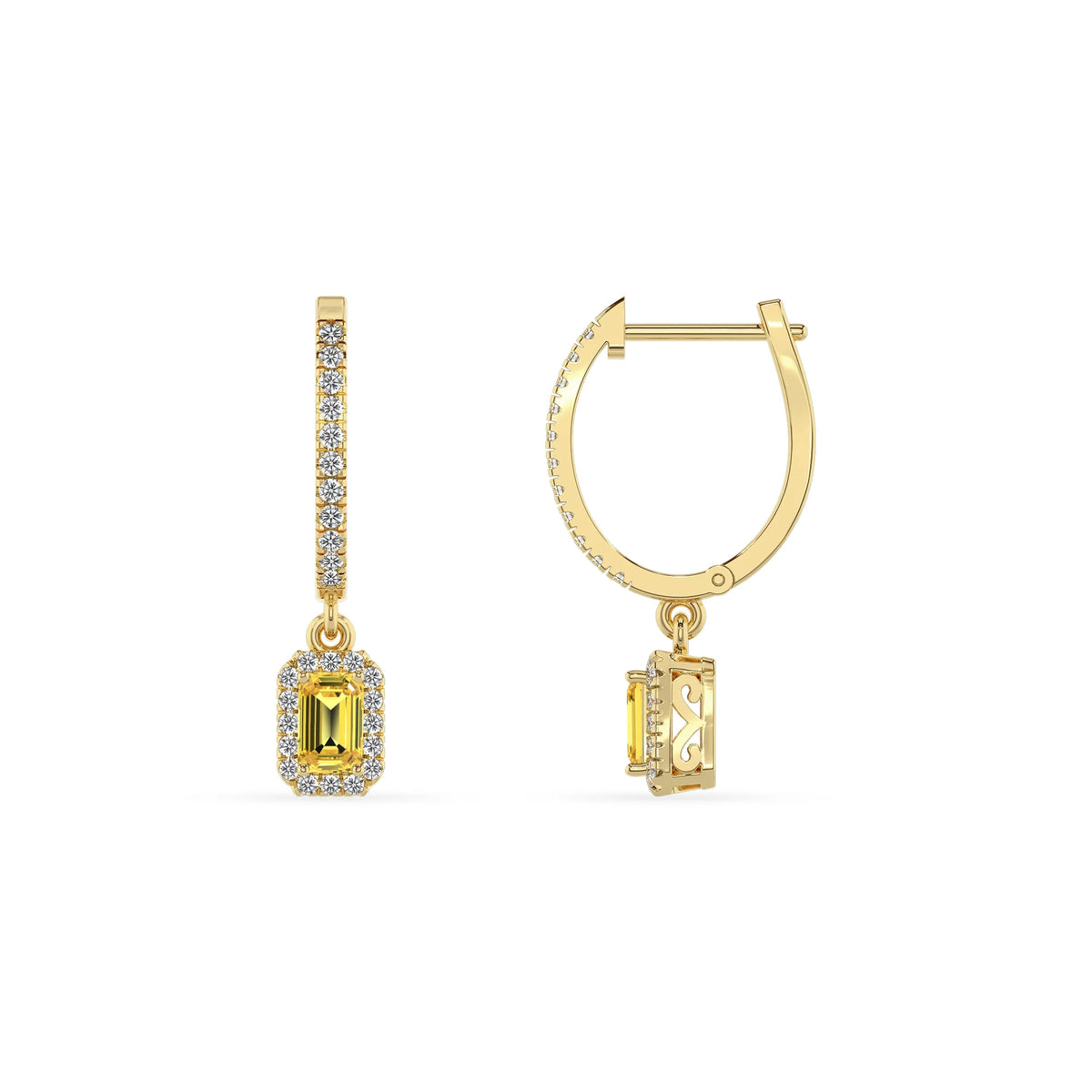 lab grown yellow sapphire emerald cut drop earrings in yellow gold 