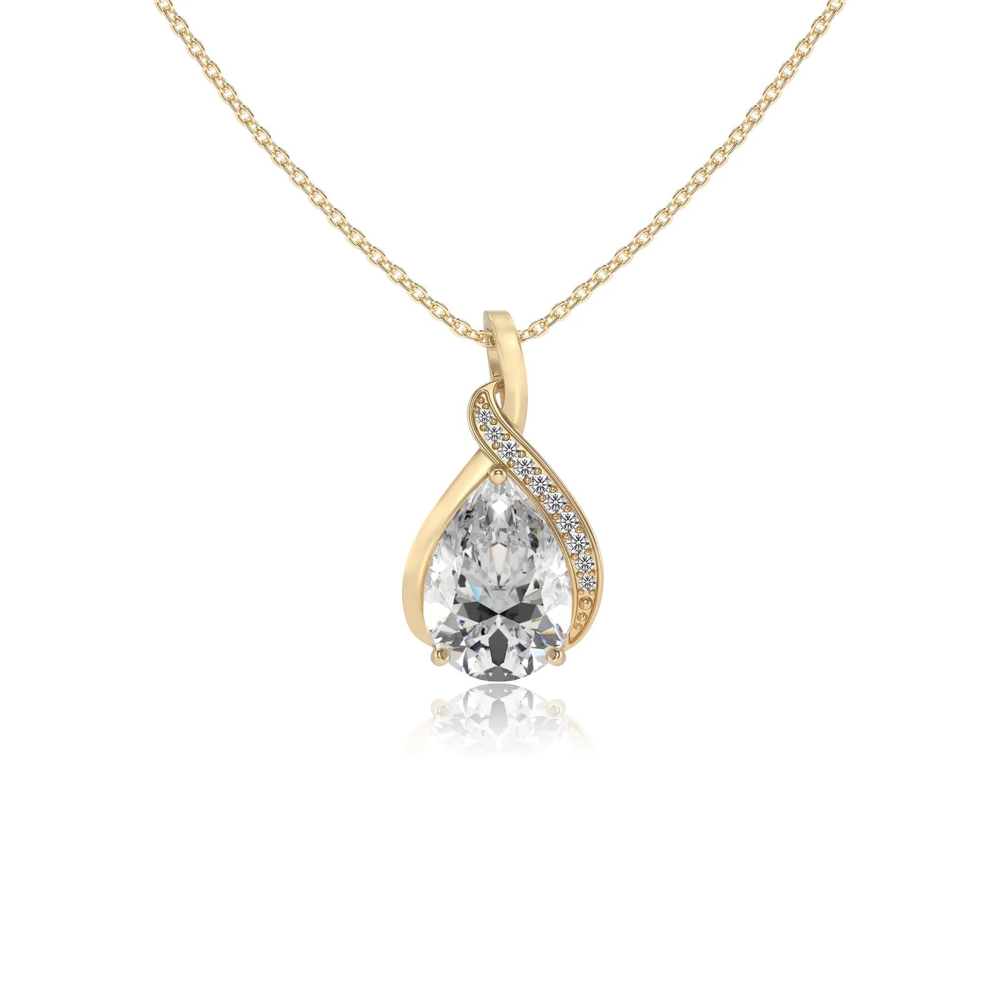 lab grown moissanite pear solitaire necklaces in yellow gold 