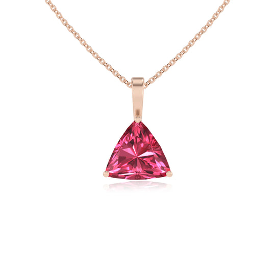 lab grown pink-tourmaline trillion solitaire necklaces in rose gold 