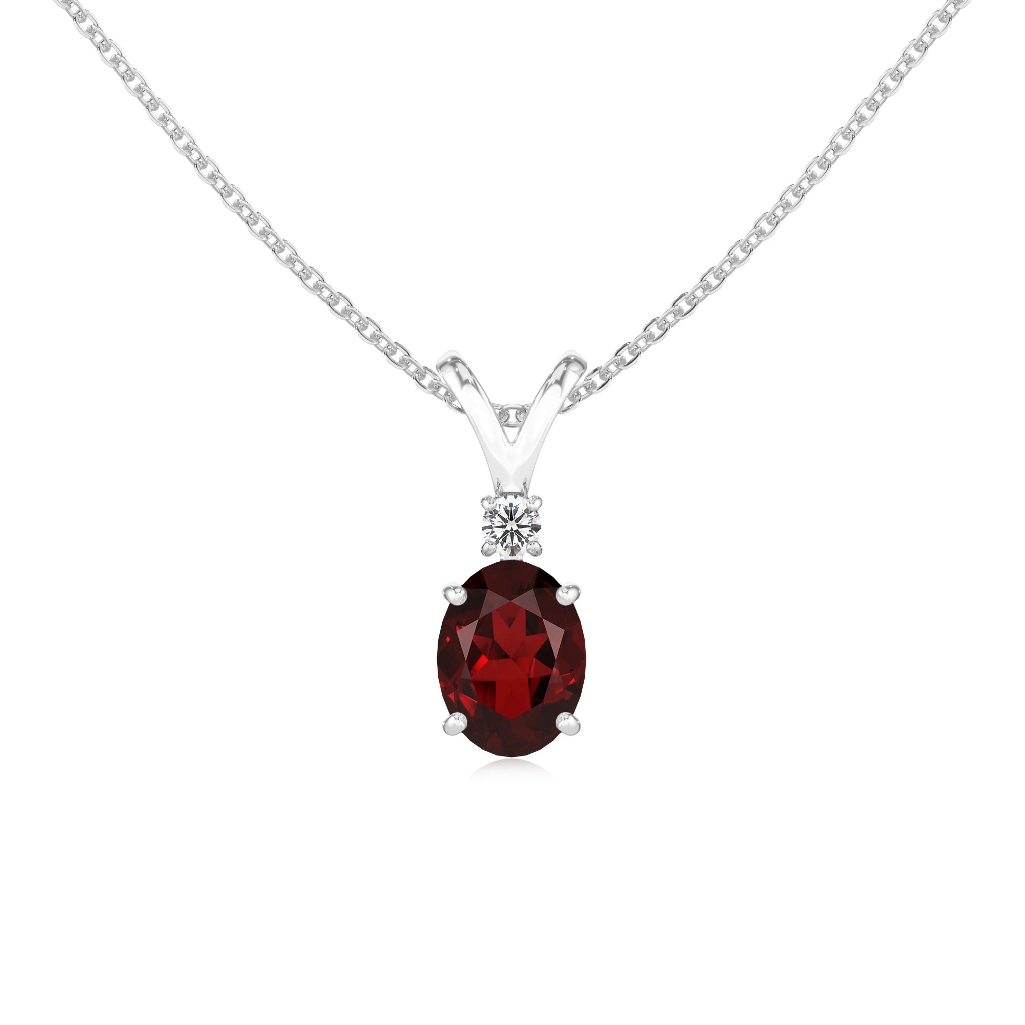 natural garnet oval solitaire v-bale necklaces in platinum 