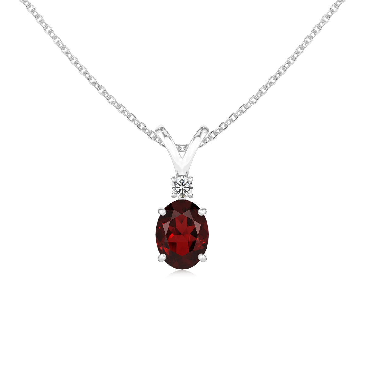 natural garnet oval solitaire v-bale necklaces in platinum 