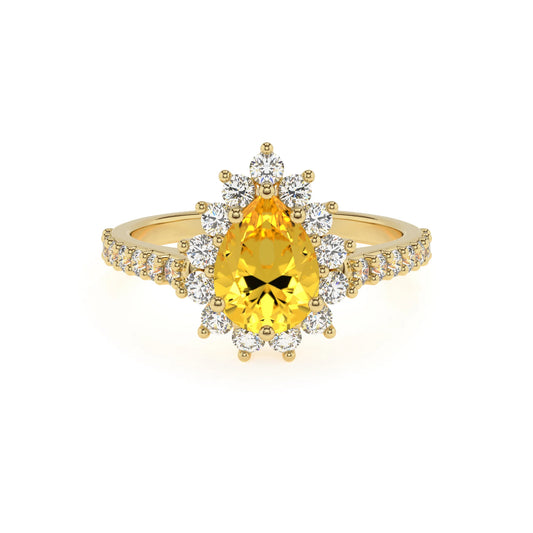 lab grown yellow-sapphire pear solitaire rings in yellow gold 