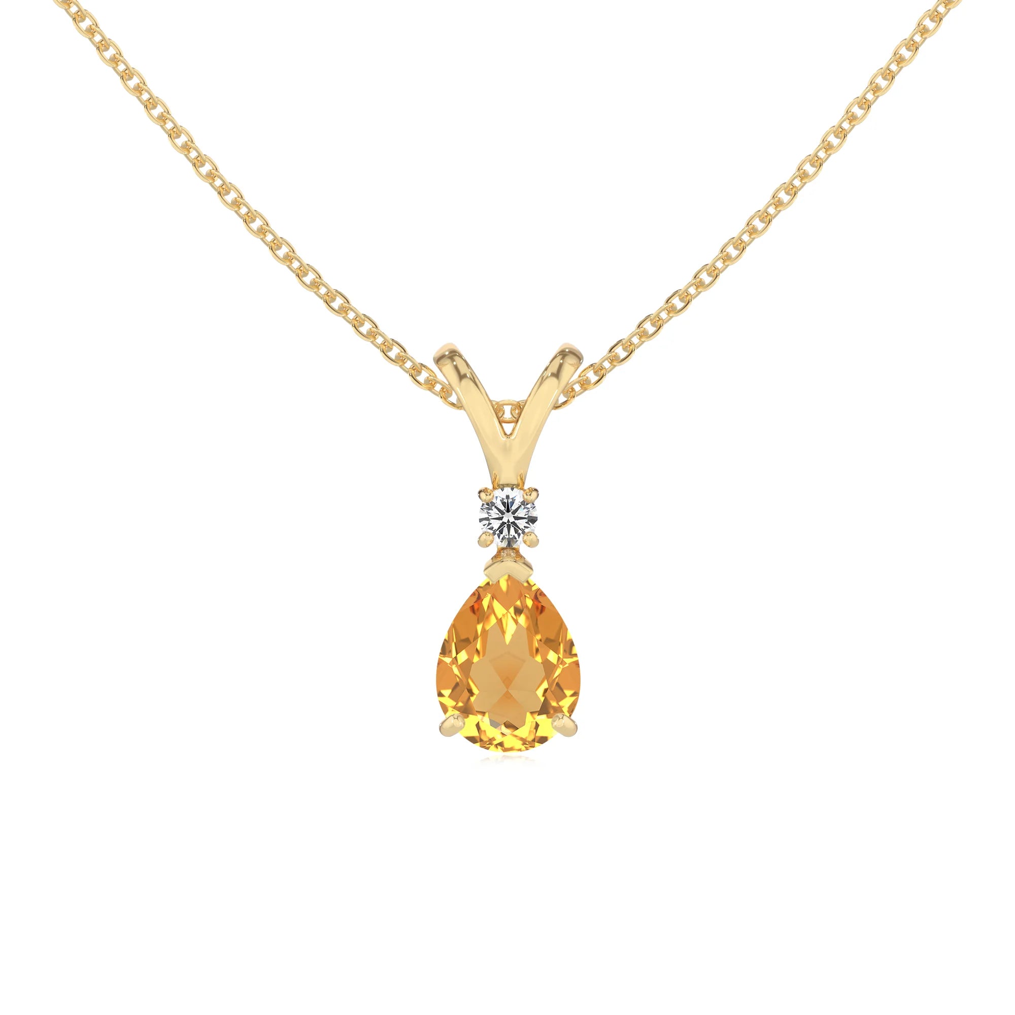 lab grown citrine pear solitaire v-bale necklaces in yellow gold 