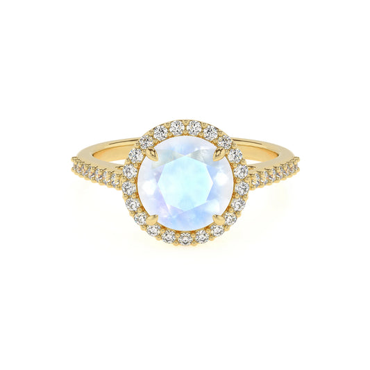 natural rainbow-moonstone round solitaire rings in yellow gold 