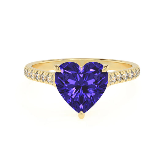 lab grown tanzanite heart half eternity solitaire engagement rings in yellow gold 