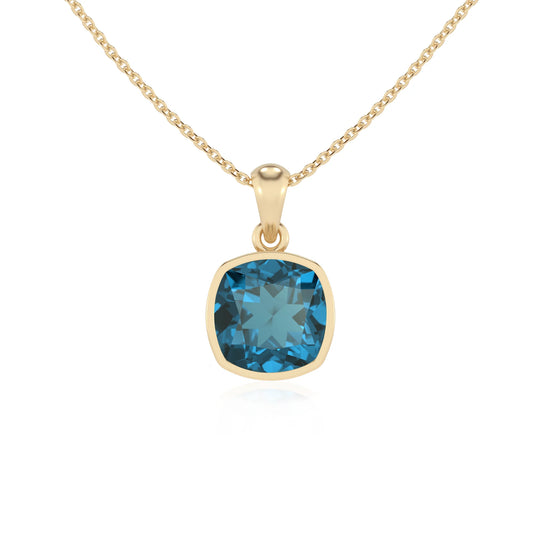 natural london-blue-topaz cushion solitaire necklaces in yellow gold 