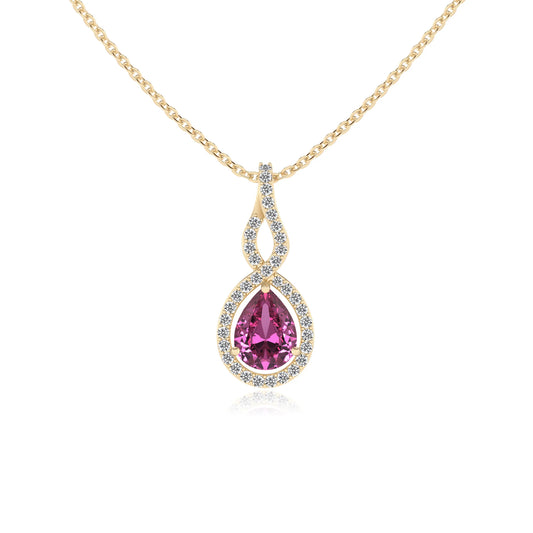 lab grown pink-sapphire pear necklaces in yellow gold 