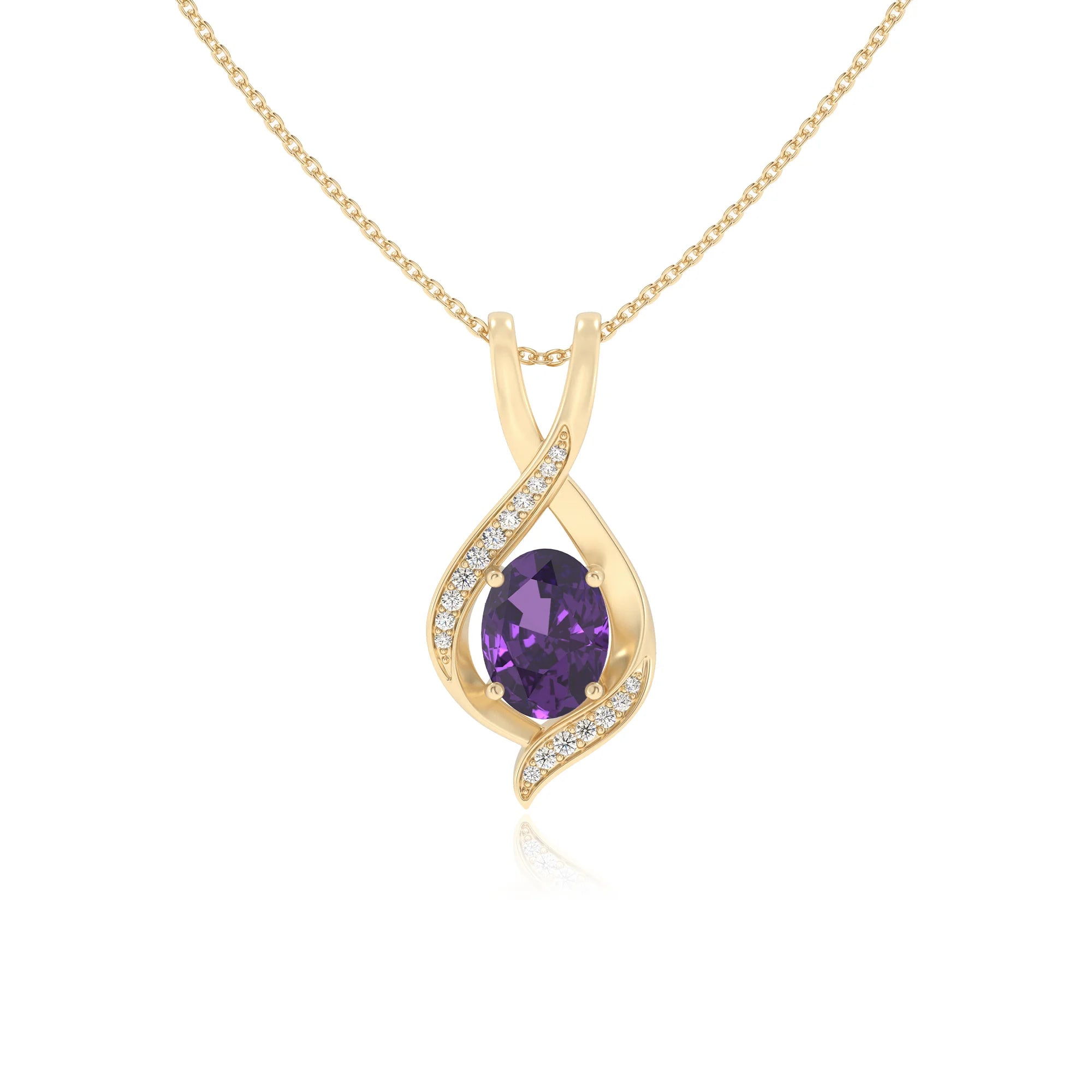 lab grown amethyst oval solitaire necklaces in yellow gold 