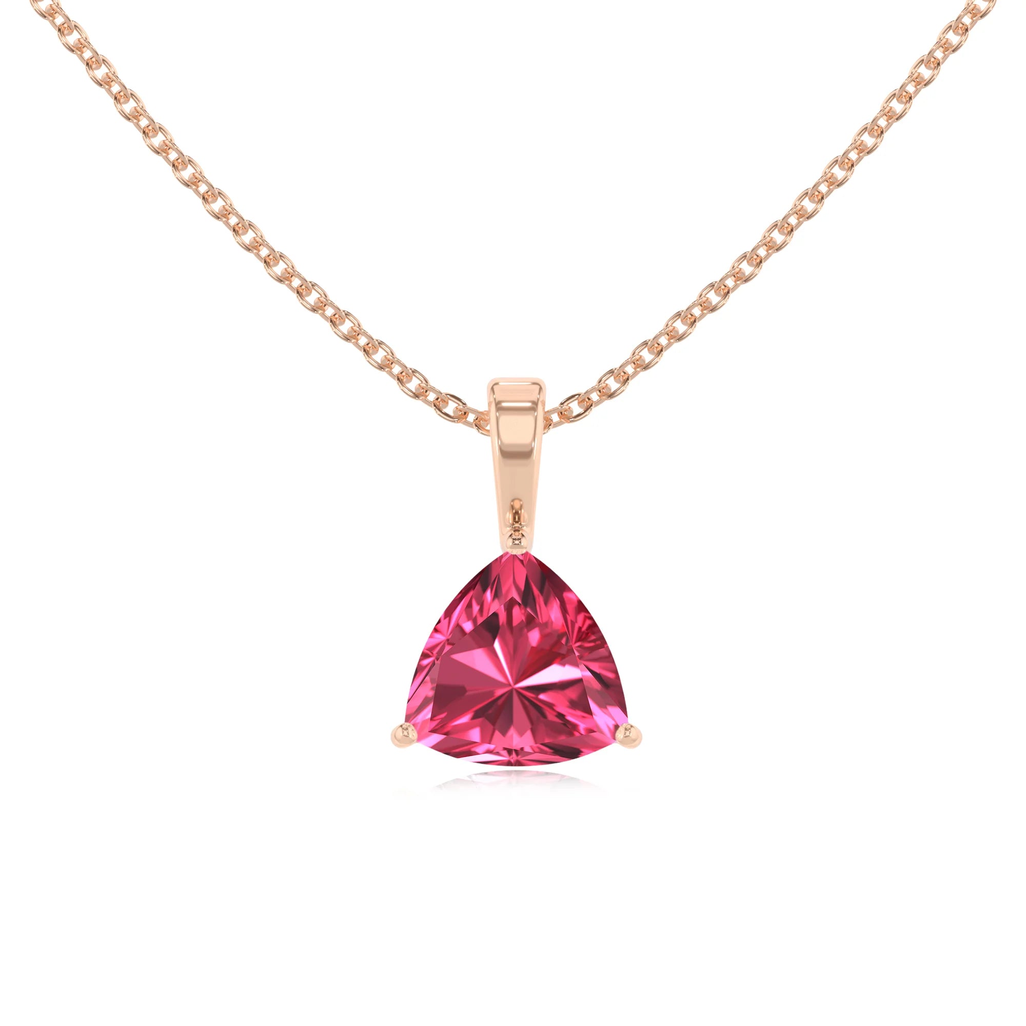 lab grown pink-tourmaline trillion solitaire necklaces in rose gold 