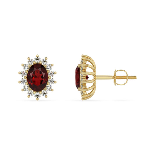 natural garnet oval stud earrings in yellow gold 