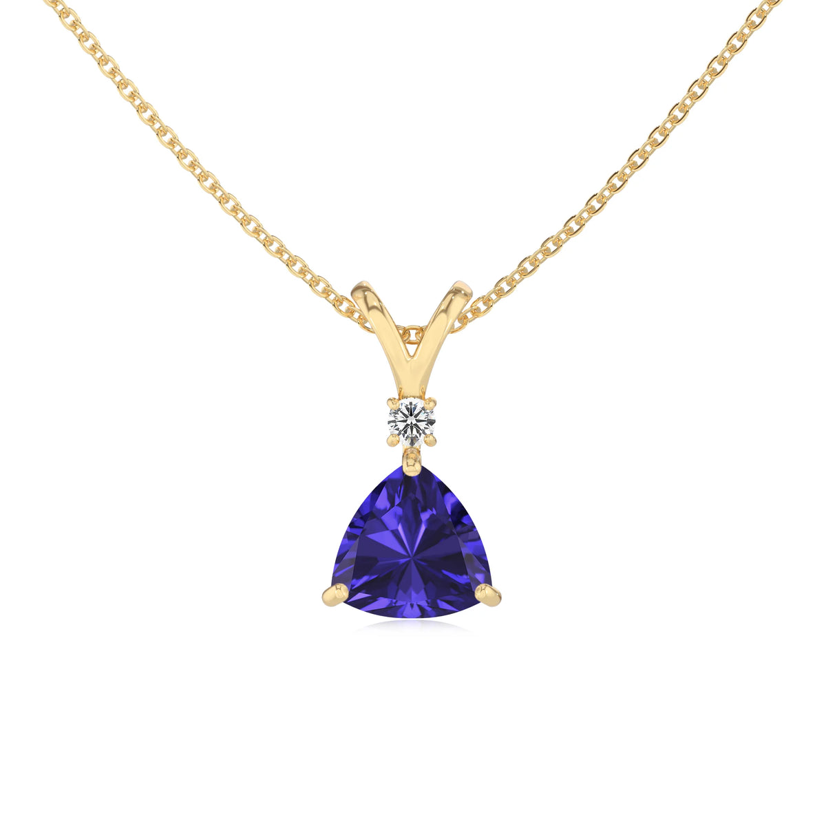 lab grown tanzanite trillion solitaire v-bale necklaces in yellow gold 